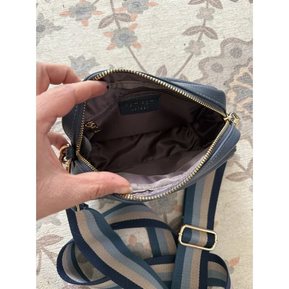 Pom Pom London Original Leather Crossbody Bag In Slate Blue With 2 Straps Small